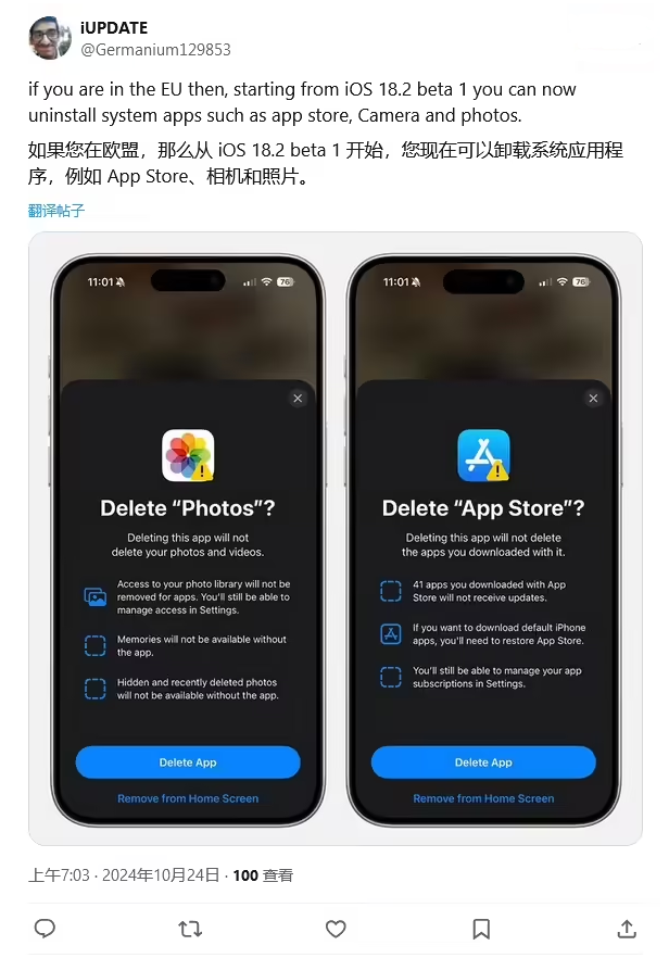 邕宁苹果手机维修分享iOS 18.2 支持删除 App Store 应用商店 