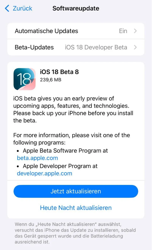 邕宁苹果手机维修分享苹果 iOS / iPadOS 18 开发者预览版 Beta 8 发布 